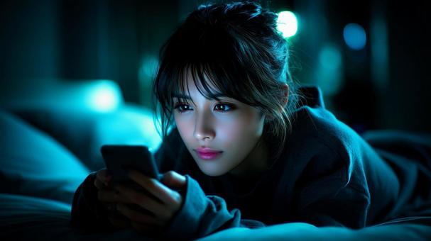 寝る前にスマホチェックする女性 寝る前にスマホチェックする女性の写真