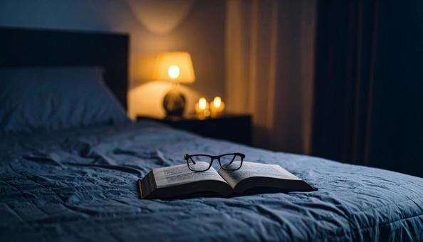 ベッドに置かれた本とリーディンググラスの写真