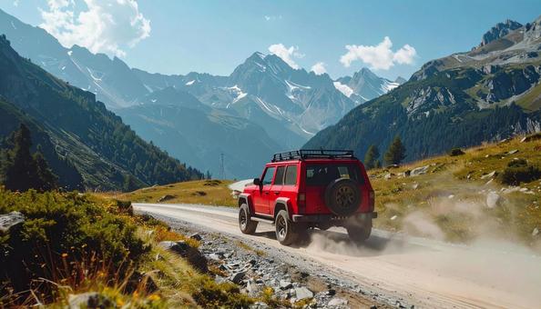 山道を走るジープの写真
