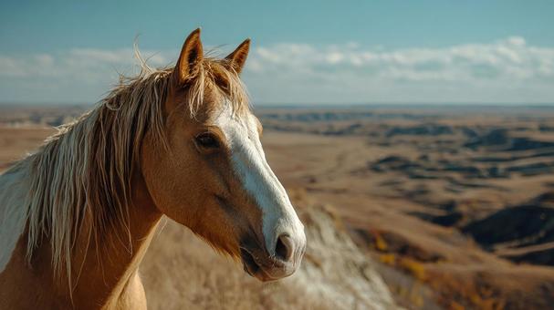 広大な自然と馬の横顔 広大な自然と馬の横顔の写真