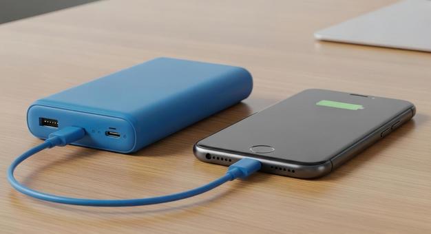 青いモバイルバッテリで充電中のスマホ 青いモバイルバッテリで充電中のスマホの写真