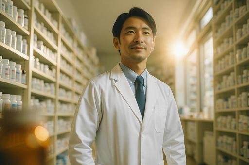 光に包まれる薬剤師の写真