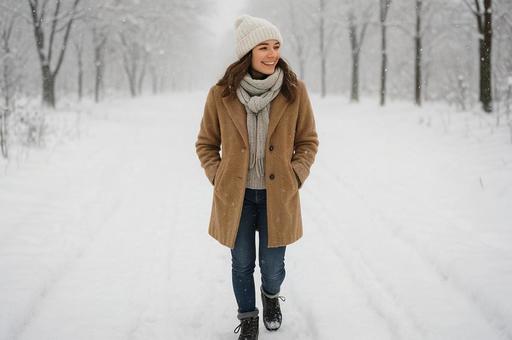 冬の雪道を歩く女性 冬の雪道を歩く女性の写真