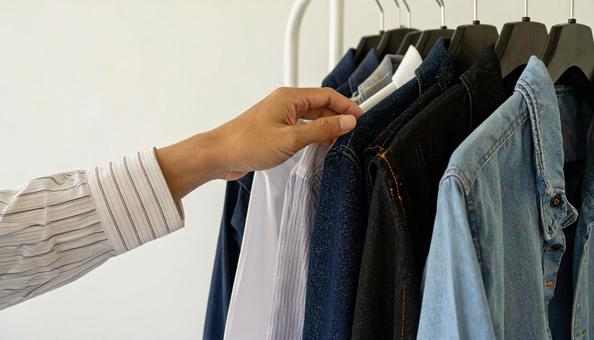 ハンガーにかかる私服を取るビジネスマン ハンガーにかかる私服を取るビジネスマンの写真