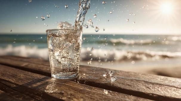 木製のテーブルに置かれたグラスと水の写真