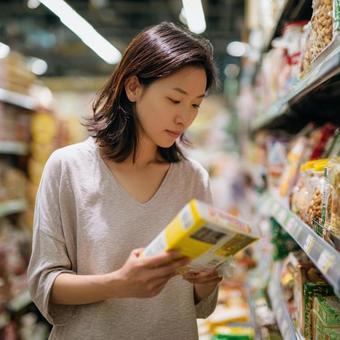 スーパーで買い物中の女性 スーパーで買い物中の女性の写真