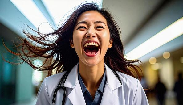 大きく口を開けて楽しい気分で笑う女性医師 大きく口を開けて楽しい気分で笑う女性医師の写真