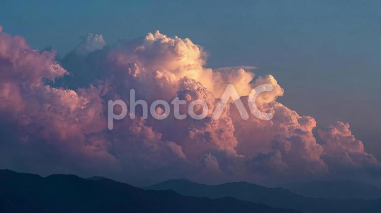 夕暮れ時にピンク色に染まる巨大な積乱雲 積乱雲,入道雲,雲の写真素材