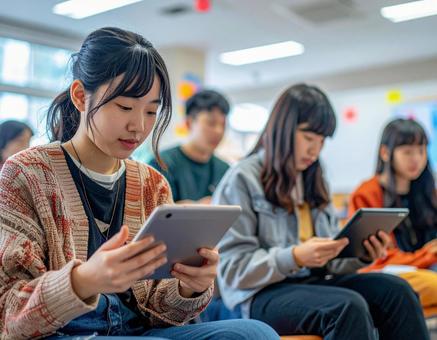 Diverse Japanese students studying on tablets, japanese, student, inclusive, JPG