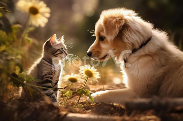 向き合う犬と猫 動物,放し飼い,屋外の写真素材