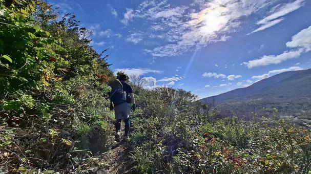 登山道を歩く登山者 登山道を歩く登山者の写真
