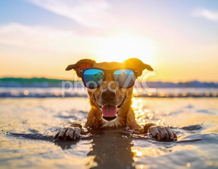 サングラスをかけて海水浴を楽しむ犬4 海水浴,犬,サングラスの写真素材