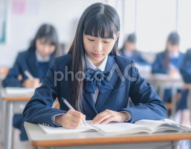 授業の内容をノートに書き写す女子学生 授業,机,制服の写真素材