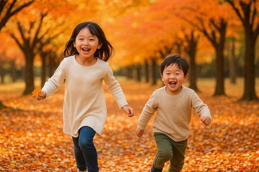 紅葉の中で遊ぶ子供たち 紅葉の中で遊ぶ子供たちの写真