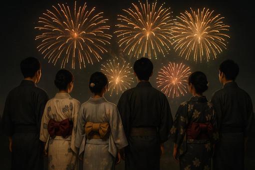 並んで花火を見上げる男女グループ 並んで花火を見上げる男女グループの写真