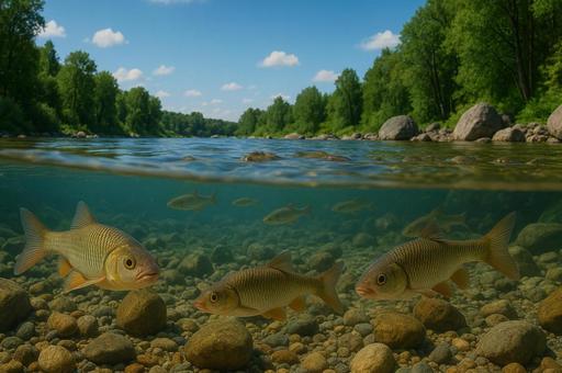川の中を泳ぐ淡水魚 川の中を泳ぐ淡水魚の写真