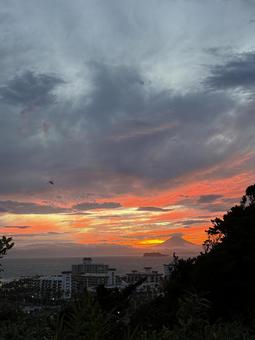 湘南から見た夕暮れ時の富士 湘南から見た夕暮れ時の富士の写真