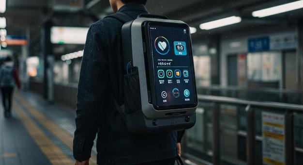 AI搭載バックパックを背負う都会の通勤者 AI搭載バックパックを背負う都会の通勤者の写真