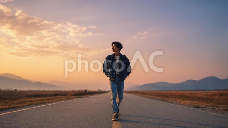 広い荒野の中の道路を歩くGジャンの男性 男性,歩く,モデルの写真素材