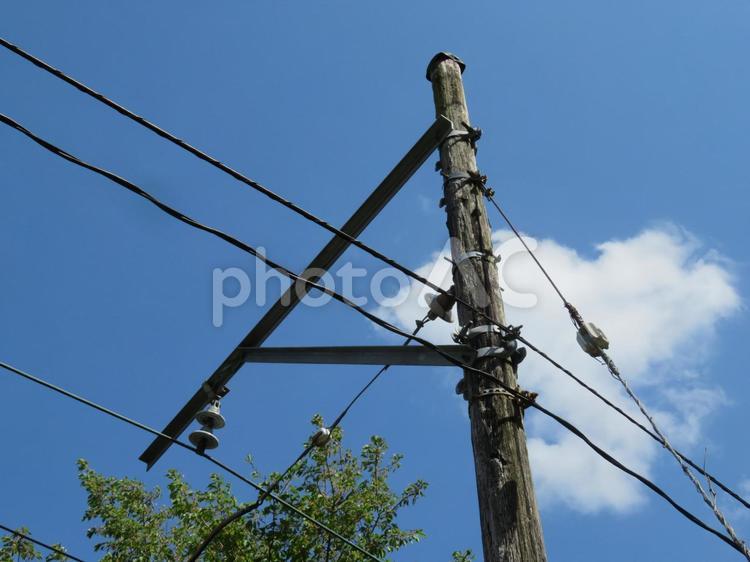 木の電信柱と青空 電柱,電線,空の写真素材