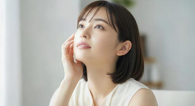 見上げ物思いに耽る茶髪ボブヘアの若い女性 見上げ物思いに耽る茶髪ボブヘアの若い女性の写真