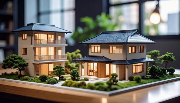 マンションと戸建て住宅の模型の写真