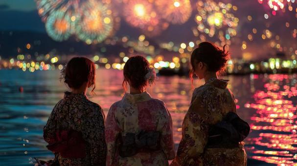 	打ち上げ花火を背景に浴衣女性3人の後ろ姿の写真
