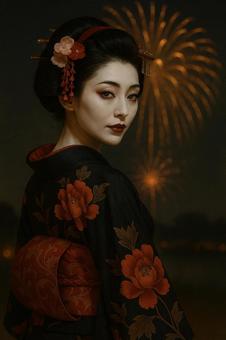 打ち上げ花火を楽しむ舞妓さんの写真