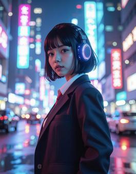 ヘッドホンをする女子高生 ヘッドホンをする女子高生の写真