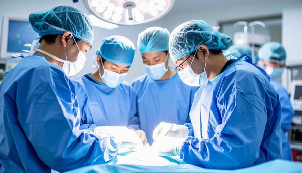 手術室で医師チームが手術で執刀している 手術室で医師チームが手術で執刀しているの写真