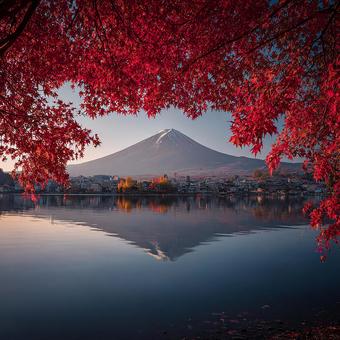 静かな湖畔の富士山と紅葉の写真