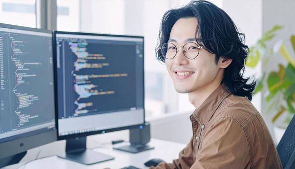 プログラミングをする男性エンジニア プログラミングをする男性エンジニアの写真