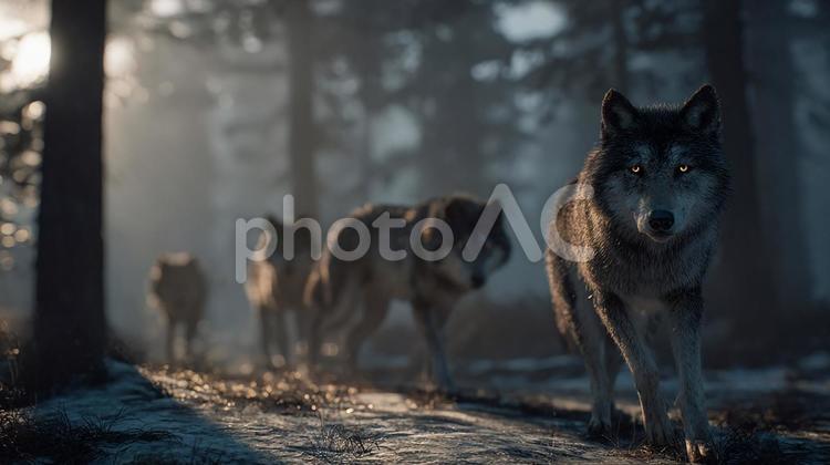 光る瞳、森のオオカミ オオカミ,動物,群れの写真素材