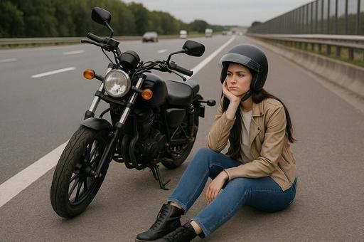 バイクが壊れて途方に暮れている女性 バイクが壊れて途方に暮れている女性の写真