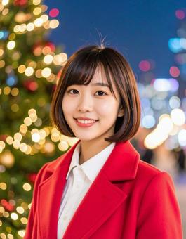 クリスマスツリーと赤いコートの彼女の写真