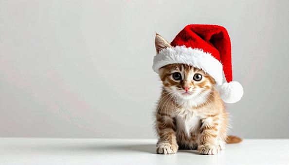 サンタ帽をかぶったかわいい子猫 サンタ帽をかぶったかわいい子猫の写真