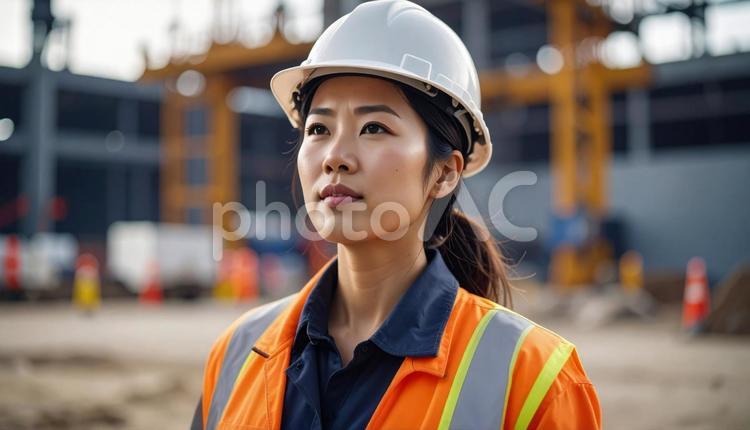 建設現場で真剣な表情の若い女性作業員 人物,女性,作業服の写真素材