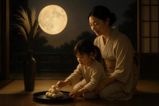 お月見団子を並べる母と子 お月見団子を並べる母と子の写真