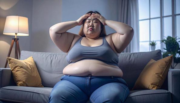 肥満で疲れやすく、額に手をやる女性 肥満で疲れやすく、額に手をやる女性の写真