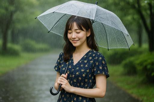 雨で微笑むワンピース女性 雨で微笑むワンピース女性の写真