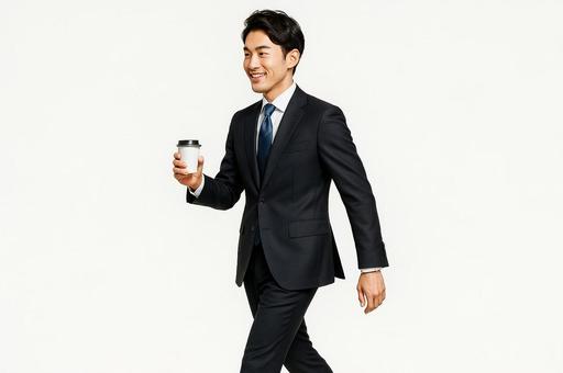 コーヒーを持って歩くサラリーマン コーヒーを持って歩くサラリーマンの写真