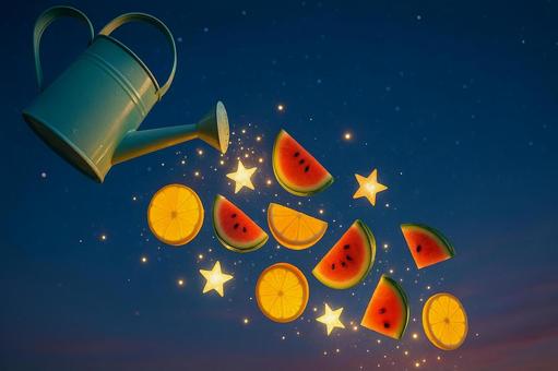 夜空にフルーツと星が舞うじょうろ 夜空にフルーツと星が舞うじょうろの写真