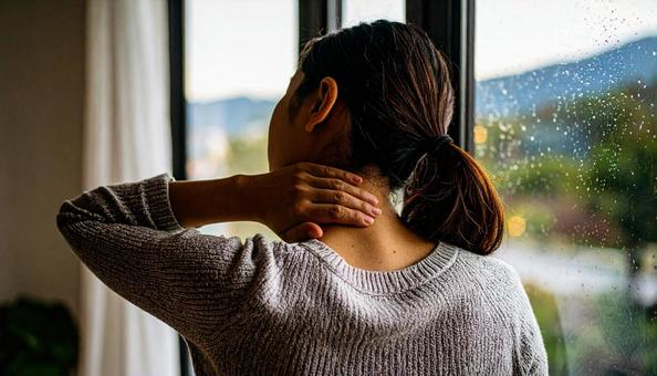 寝違えて首痛に苦しむ女性 の写真