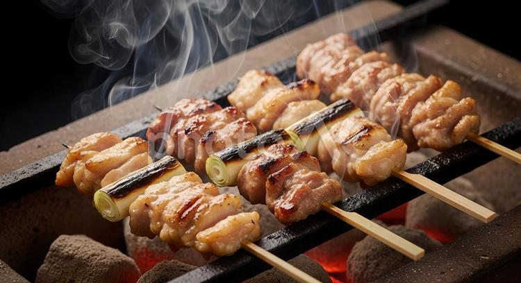 備長炭で焼き鳥を焼いている写真 焼き鳥,ねぎま,もも肉の写真素材