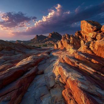 オレンジ色に輝く岩肌と、地平線に沈む太陽 オレンジ色に輝く岩肌と、地平線に沈む太陽の写真