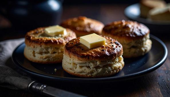 バターが乗ったイングリッシュマフィン バターが乗ったイングリッシュマフィンの写真