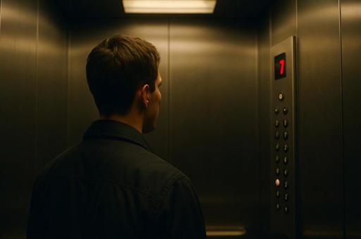 7階に向かうエレベーター内の人物 7階に向かうエレベーター内の人物の写真
