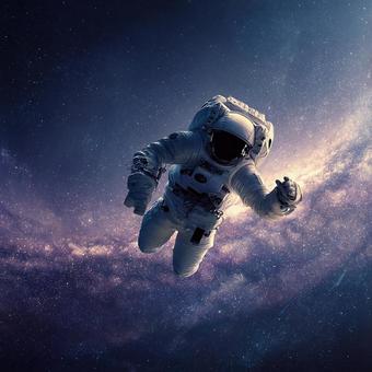 壮大な宇宙を背景にした、力強い宇宙飛行士 壮大な宇宙を背景にした、力強い宇宙飛行士の写真