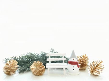 Christmas image snowman and white bench frame background Christmas image snowman and white bench frame background