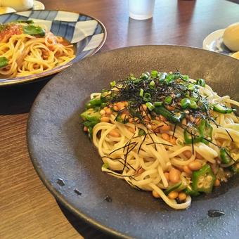 オクラと納豆のﾈﾊﾞﾈﾊﾞパスタ ネバネバパスタ,納豆,オクラの写真素材